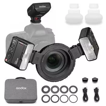 Комплект макровспышки GODOX MF12-DK1, включающий 2 выносные TTL-вспышки MF12 + 1 триггер вспышки + 8 чёрный