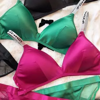 Комплект нижнего белья Ice Silk Comfort, женский сексуальный бюстгальтер Push Up с глубоким V-образным вырезом, регулируемый бюстгальтер с буквами и кружевными трусиками S бежевый
