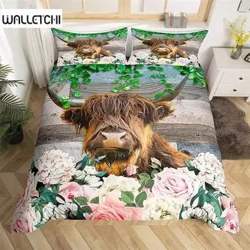 Комплект пододеяльников из полиэстера Highland Cow King Queen Full Size с рисунком животных, чехол с наволочкой для подростков и взрослых 135x200cm 2pcs