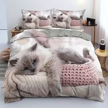 Комплект пододеяльников Lovely Pet Cat (1 пододеяльник + 1/2 наволочки) Мягкий удобный милый комплект постельного белья с котенком для спальни в общежитии 135X200cm 2PCS