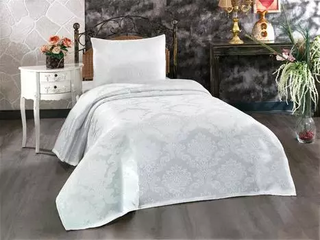 Комплект покрывала Busem из синели, покрывало 160х235 с наволочкой Queen Size, жаккардовая ткань кремового цвета