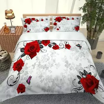 Комплект постельного белья 3D с ботаническим рисунком, красные, розовые цветы, пододеяльник, комплект, наволочка, размер King Queen, с принтом W90xL190cm