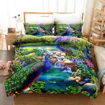Комплект постельного белья Animal Peacock 3D, декорации, пододеяльник, комплекты, одеяло, постельное белье, подарок, двуспальная кровать, размер King Single, роскошь, мода, зеленый EU single(135x200cm)