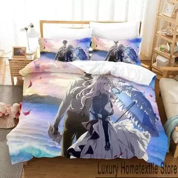 Комплект постельного белья Anime Violet Evergarden, пододеяльник, комплект постельного белья, пододеяльник, наволочка, одеяло размера king-size, комплект постельного белья для мальчиков и взрослых EU Single 135x200cm