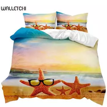 Комплект постельного белья Beach Summer Ocean Комплект постельного белья Hawaiian Marine Sea Waves 3D Print Starfish Полиэстеровый пододеяльник Queen King EU single(135x200cm)