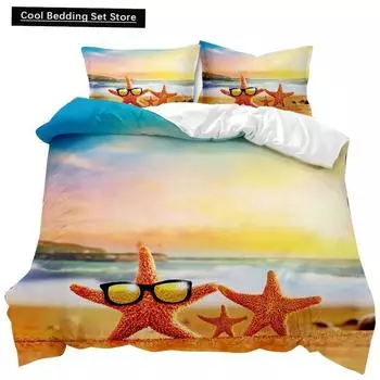 Комплект постельного белья Beach Summer Ocean Комплект постельного белья Hawaiian Marine Sea Waves 3D Print Starfish Полиэстеровый пододеяльник Queen King EU single(135x200cm)