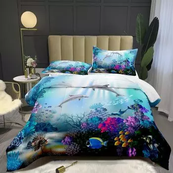 Комплект постельного белья Blue Dolphin, одеяло Queen Full Size, постельное белье с изображением морских животных для мальчиков и детей, постельное белье для мальчиков-подростков с наволочками 3 шт. EU single(135x200cm)