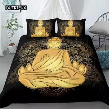 Комплект постельного белья «Будда» размера «king-size», экзотический этнический комплект постельного белья в богемном стиле из микрофибры с принтом золотой статуи Будды, великолепное покрывало для пододеяльника EU single(135x200cm)