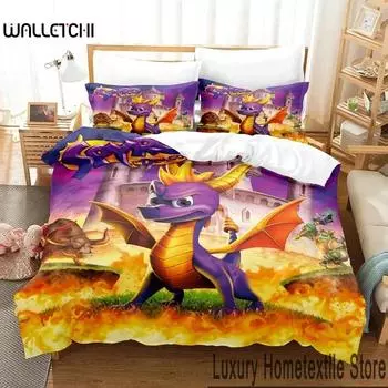Комплект постельного белья Cartoon Spyro Reignited Trilogy, пододеяльник, постельный комплект, пододеяльник, наволочка, одеяло размера king-size для мальчиков и взрослых 70x133cm 2pcs