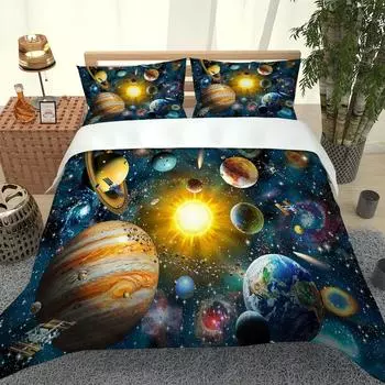 Комплект постельного белья Cosmic Solar System Planet 3D для детей, мальчиков и девочек, комплект стеганого одеяла, 1 пододеяльник и 2 наволочки, мягкий, односпальный, двуспальный W90xL190cm
