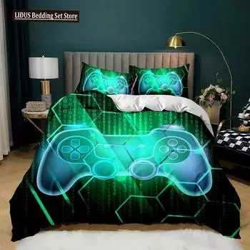 Комплект постельного белья для геймпада Twin King Size полиэстеровый игровой чехол для геймера Декор для мальчиков-подростков Зеленый неоновый комплект постельного белья для геймпада US King 264x228cm
