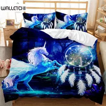 Комплект постельного белья Dream Catcher White Horse Forest Dream Catcher Blue Double Queen King Size Polyester Qulit Cover EU single(135x200cm)