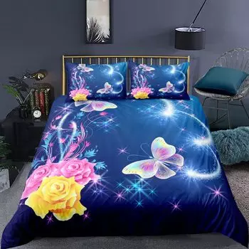 Комплект постельного белья Fantasy Flower Butterfly для взрослых, подростков, роскошный комплект постельного белья из полиэстера с 3D-печатью и разноцветными бабочками и розами EU single(135x200cm)