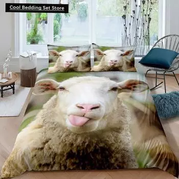 Комплект постельного белья Funny Sheep King Queen с изображением животных из фермы, пододеяльник с белыми маленькими овечками, 2/3 предмета из полиэстера, пододеяльник EU single(135x200cm)