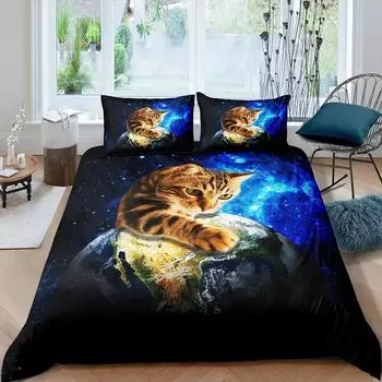 Комплект постельного белья Galaxy Cat из микрофибры Universe Galaxy, комплект постельного белья, милый котенок, чехол для одеяла, космические планеты, чехол для пододеяльника 70x133cm 2pcs