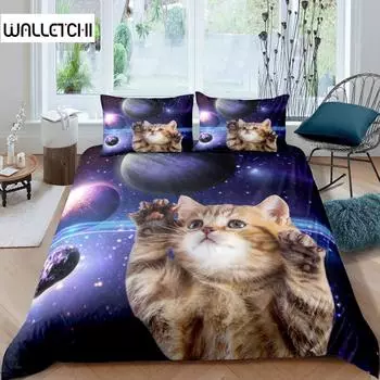 Комплект постельного белья Galaxy Cat из микрофибры Universe Galaxy, комплект постельного белья, милый котенок, чехол для одеяла, космические планеты, чехол для пододеяльника EU single(135x200cm)