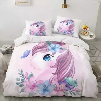 Комплект постельного белья Girl Pink Unicorn 3D, детский комплект постельного белья, одеяло, пододеяльник, домашний текстиль, декор, двуспальная кровать, двуспальная кровать, размер King Size, милый подарок EU Single 135x200cm
