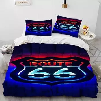 Комплект постельного белья H-Historic Route 66 с принтом, пододеяльник, удобное дышащее роскошное хлопковое одеяло, наволочка, размер King Queen EU single(135x200cm)
