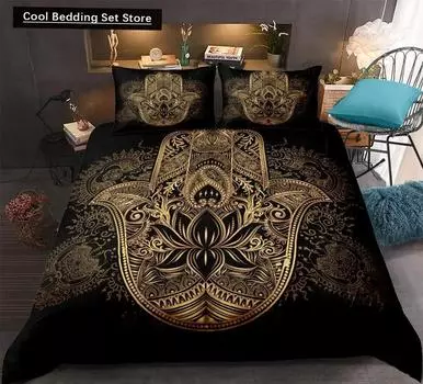 Комплект постельного белья Hamsa Hand Boho Mandala Duvet Cover Set Black Gold Bohemia Bed Set Fatima Hand Постельное белье Lucky Hand Quilt Cover EU single(135x200cm)