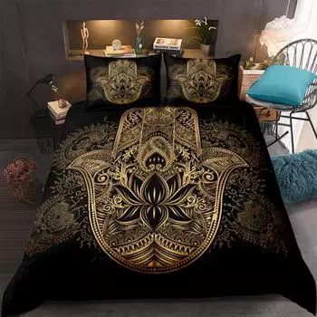 Комплект постельного белья Hamsa Hand Boho Mandala, пододеяльник, комплект постельного белья Black Gold Bohemia, комплект постельного белья Fatima Hand, пододеяльник Lucky Hand EU single(135x200cm)