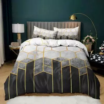 Комплект постельного белья Honeycomb Queen Size с геометрическим узором, микрофибра, золотой шестиугольник, пододеяльник, черный градиентный пододеяльник EU single(135x200cm)
