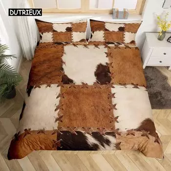 Комплект постельного белья из коровьей кожи размера «king size» с принтом в стиле пэчворк из коровьего меха и животных на ферме, комплект постельного белья из микрофибры, пододеяльник в стиле вестерн-фермерский дом US Queen(228x228cm)