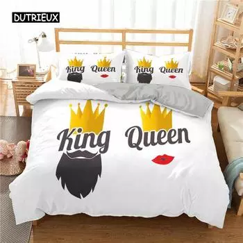 Комплект постельного белья King and Queen из микрофибры с изображением бороды и красных губ King Size для пары Романтические подарки на День святого Валентина US Queen(228x228cm)