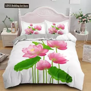 Комплект постельного белья Lotus с розовыми цветами и зелеными листьями из полиэстера, одеяло размера King Queen для детей, девочек и женщин, комплект постельного белья 70x133cm 2pcs