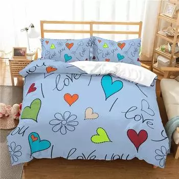 Комплект постельного белья Love Heart с рисунком из мультфильма «Веселые разноцветные сердечки» для двоих в романтическом стиле Комплект постельного белья из полиэстера «Я люблю тебя» для подростка 70x133cm 2pcs
