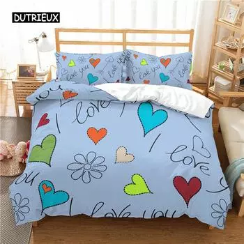 Комплект постельного белья Love Heart с рисунком из мультфильма «Веселые разноцветные сердечки» для двоих в романтическом стиле Комплект постельного белья из полиэстера «Я люблю тебя» для подростка EU single(135x200cm)