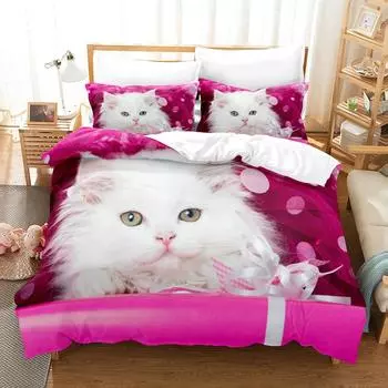 Комплект постельного белья Lovely Cat Queen King Size из микрофибры с 3D-принтом для девочек и взрослых с изображением милых животных 70x133cm