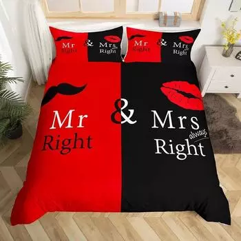 Комплект постельного белья Mr Mrs, забавный, черный, красный, креативный, для двоих, комплект постельного белья из микрофибры, с рисунком «Любовь, мужчина, усы, женщина, губы», романтика, покрывало 70x133cm 2pcs