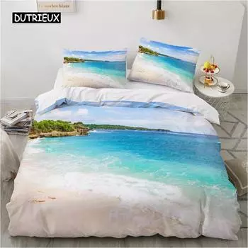 Комплект постельного белья Ocean Duvet Set King Size Polyester Tropic Ocean Style Sandy Shore and Sea with Waves Escape To Paradise Theme Set EU single(135x200cm)