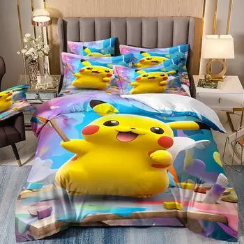 Комплект постельного белья Pokemon Pikachu, пододеяльник с рисунком аниме из мультфильма для детей, подарок для мальчиков и девочек, постельное белье и наволочка 75*50 см 135x200cm 2pcs