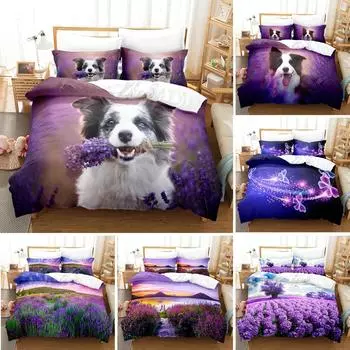 Комплект постельного белья Purple Violets Dog Пододеяльник Покрывало для одеяла 3D Покрывало Lavender Butterfly Double Full King Queen Twin Single 70x133cm 2pcs
