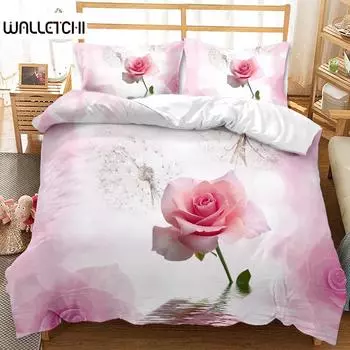 Комплект постельного белья Rose Duvet Set из микрофибры Pink Heart Rose Romantic Flower Tema Комплект постельного белья для влюбленных Double Queen King Size Покрывало для пододеяльника EU single(135x200cm)