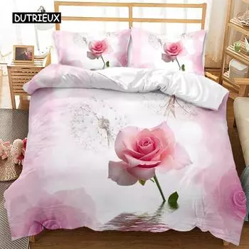 Комплект постельного белья Rose Duvet Set из микрофибры Pink Heart Rose Romantic Flower Tema Комплект постельного белья для влюбленных Double Queen King Size Покрывало для пододеяльника EU Single 135x200cm