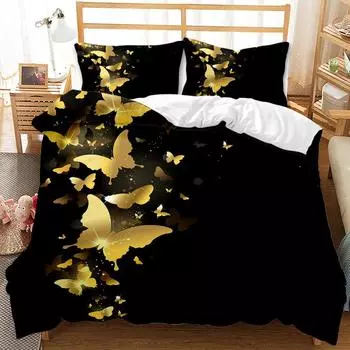 Комплект постельного белья с бабочками King Queen Twin Full Size Black Gold Buttflies Black Background для мальчика Комплект постельного белья из полиэстера 70x133cm 2pcs