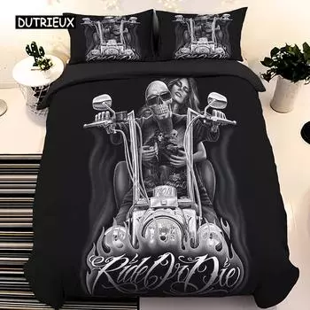 Комплект постельного белья с черепом King, комплект постельного белья с принтом «Красавица черепа», комплект постельного белья с мотором Ride or Die, угловые типы готического постельное белье с черепом EU single(135x200cm)