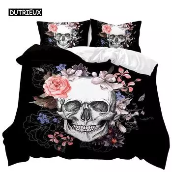 Комплект постельного белья с черепом Queen 3D Skeleton Floral Skull Pattern Printed Beds Qulit Cover Gothic Microfiber Beds Queen Size EU single(135x200cm)