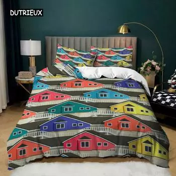Комплект постельного белья с домиками размера King Size 2/3 шт. Комплект постельного белья с разноцветными домиками и геометрическим узором для детей, мальчиков и подростков, микрофибровое одеяло EU single(135x200cm)