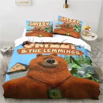Комплект постельного белья с изображением мультфильма Grizzy N Lemmings, пододеяльник, постельный комплект, пододеяльник, наволочка, одеяло размера king-size для мальчиков и взрослых 135X200cm-2pcs