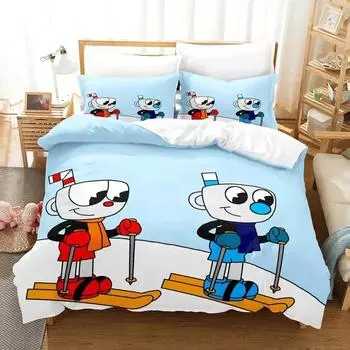 Комплект постельного белья с изображением мультяшного персонажа Mugman Cuphead, пододеяльник, стеганое одеяло, наволочка, одеяло размера «king-size», комплект постельного белья для мальчиков и взрослых 70x133cm 2pcs