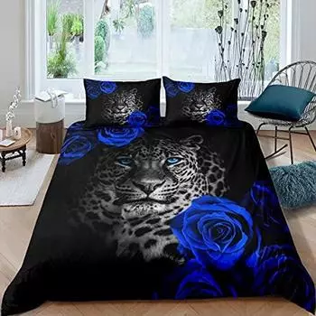 Комплект постельного белья с леопардовым принтом размера King Size, комплект постельного белья с изображением животных дикой природы для подростков и детей, мальчиков и девочек, мягкий пододеяльник с синими розами US Queen(228x228cm)
