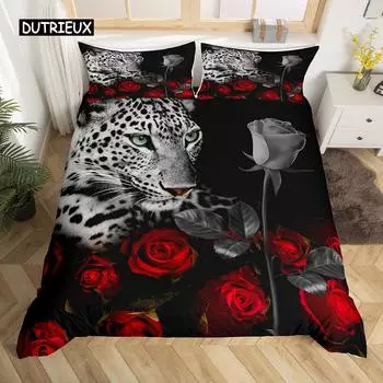 Комплект постельного белья с леопардовым принтом King Red Rose African Safari Animals Покрывало из микрофибры Rose Floral Cheetah Jungle Print Комплект постельного белья US Queen(228x228cm)