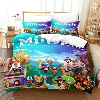 Комплект постельного белья с мультяшной игрой Miitopia, пододеяльник, постельный комплект, пододеяльник, наволочка, одеяло размера king-size, комплект постельного белья для мальчиков и взрослых EU single(135x200cm)