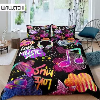 Комплект постельного белья с музыкальными нотами Queen Size, постельный комплект с рок-музыкой для мальчиков и девочек, цветные наушники, радио, мягкий комплект постельного белья EU single(135x200cm)