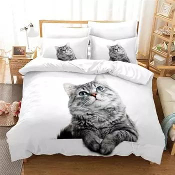 Комплект постельного белья с принтом милого кота, 3D пододеяльник с наволочкой, постельное белье Twin Full Queen King Size для декора спальни, 2/3 шт. 135x200cm