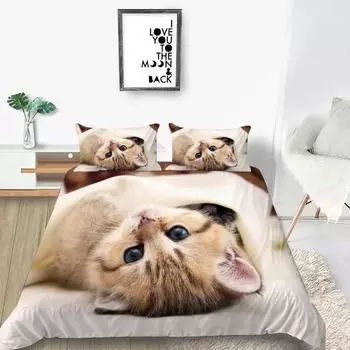 Комплект постельного белья с рисунком кота размера King Size из микрофибры с милым принтом животных для девочек-подростков и мальчиков, комплект постельного белья с рисунком милой кошечки EU single(135x200cm)