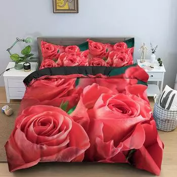 Комплект постельного белья с розами, 3D-принт, красный цветок, романтический мотив, элемент любви для девочек, женщин и детей, комплект постельного белья из полиэстера 70x133cm 2pcs